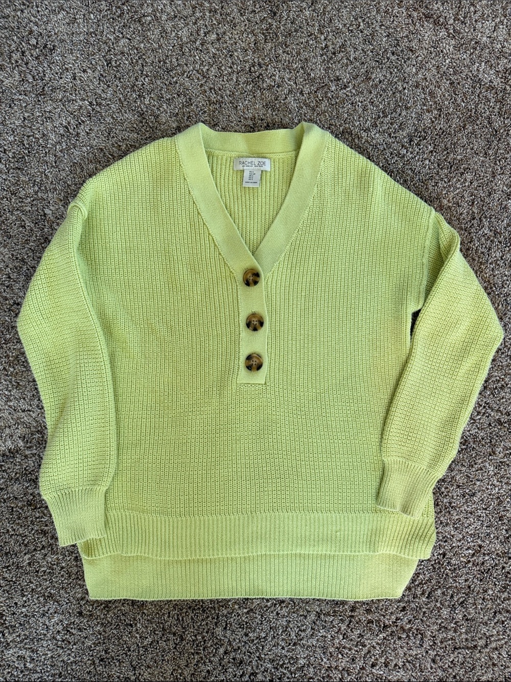 Rachel Zoe Light Lime V-Neck Button Knit Sweater